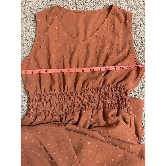 Burnt Orange Swiss Dot Shirred A-line Dress, size L - Picture 5 of 9
